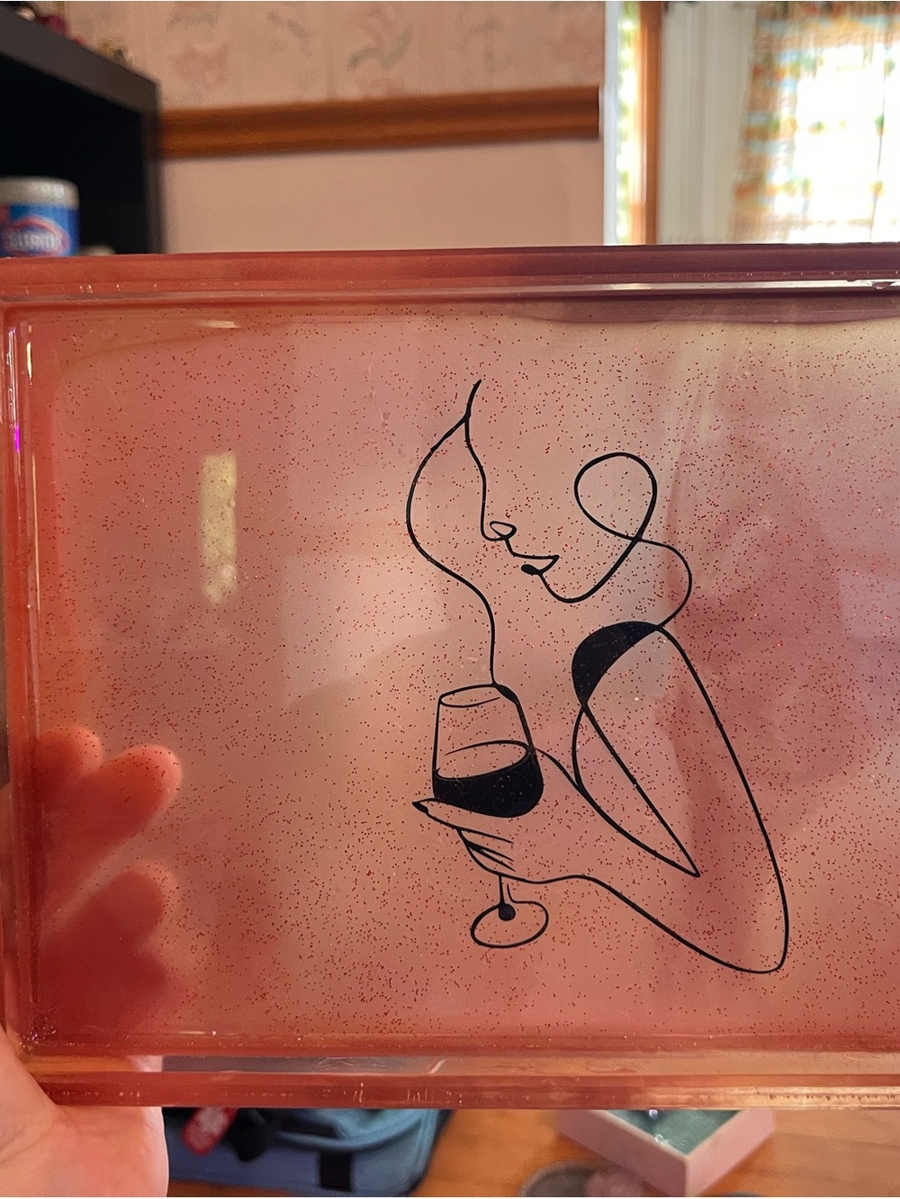Pink Decorative Resin Tray with Minimalist Wine Lady Design Handmade